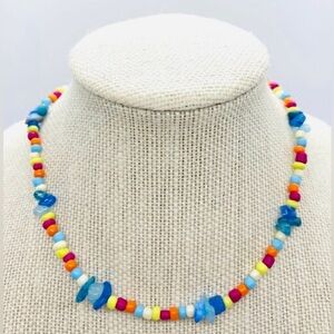 Rainbow Blue Stone Chip Beaded Choker Necklace Boho Y2K Essential Preppy Coastal